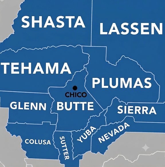 Map of Apple tech support service areas in Northern California including Butte, Glenn, and Tehama counties